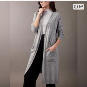 Ellen Tracy Light Gray Long Open-Front Cardigan In 100% Eztrafine Merino Wool L